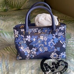 Michael Kors Kellen XSmall Navy Floral Blue leather Satchel NWOT